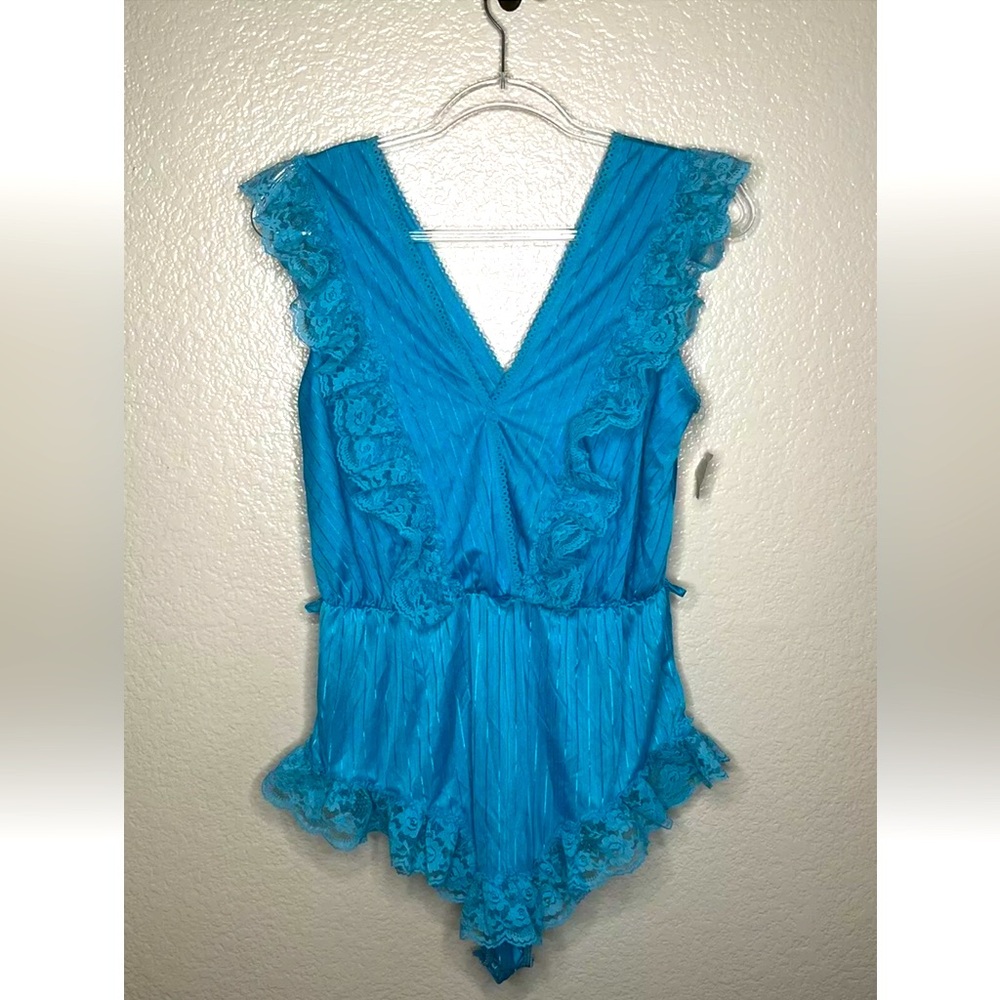 Vintage Night Time Creations Teal Silky Lace Romper Teddy New With Tags Med USA